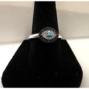 Sterling Silver Blue & White Diamond Evil Eye Ring – Size 7